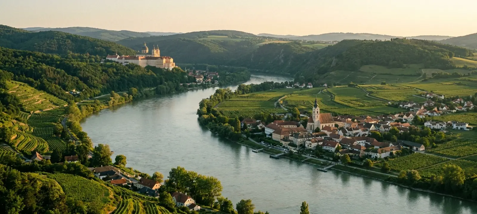 Donautal in der Wachau mit Weinbergen, Fluss und einem Kloster im warmen Abendlicht