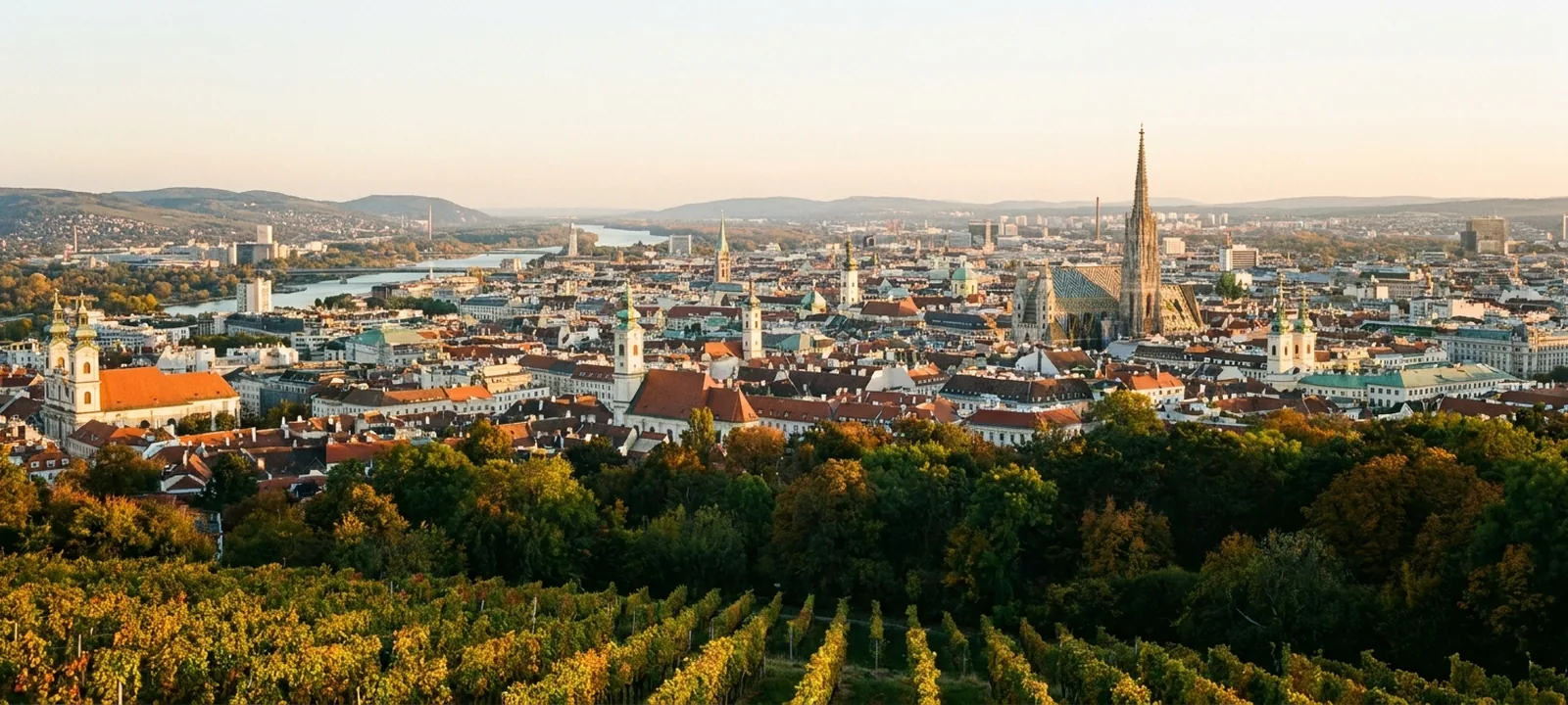 Panoramablick über die Dächer und Kirchtürme Wiens bei Abendlicht