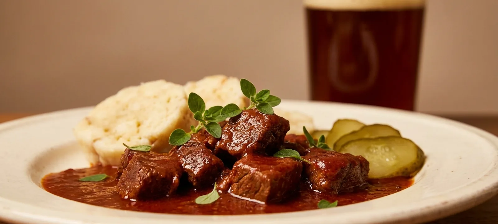 Klassisches Wiener Rindsgulasch mit Semmelknödel auf einem Teller, dahinter ein Bier