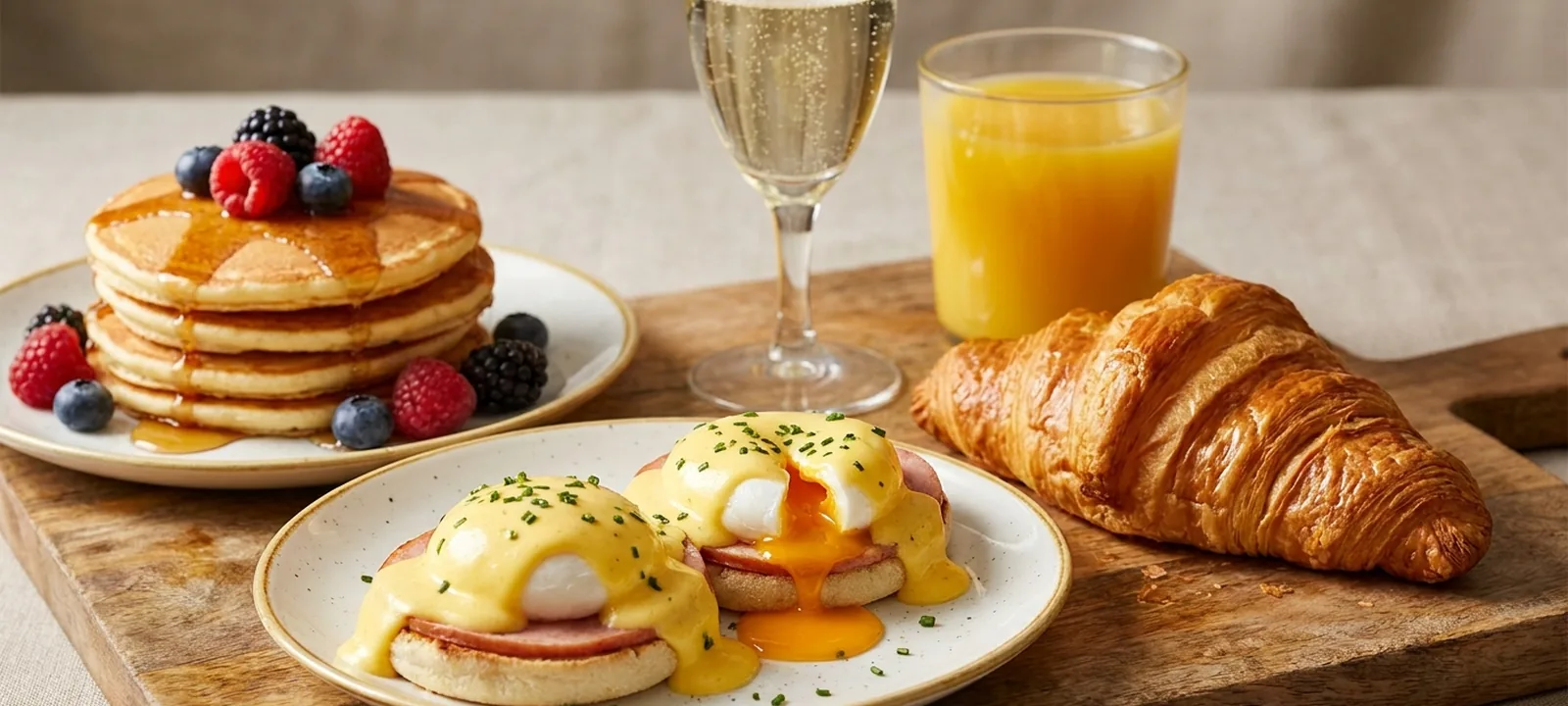 Reich gedeckter Brunch-Tisch mit Eggs Benedict, Pancakes, Obst, Croissants und einem Glas Prosecco