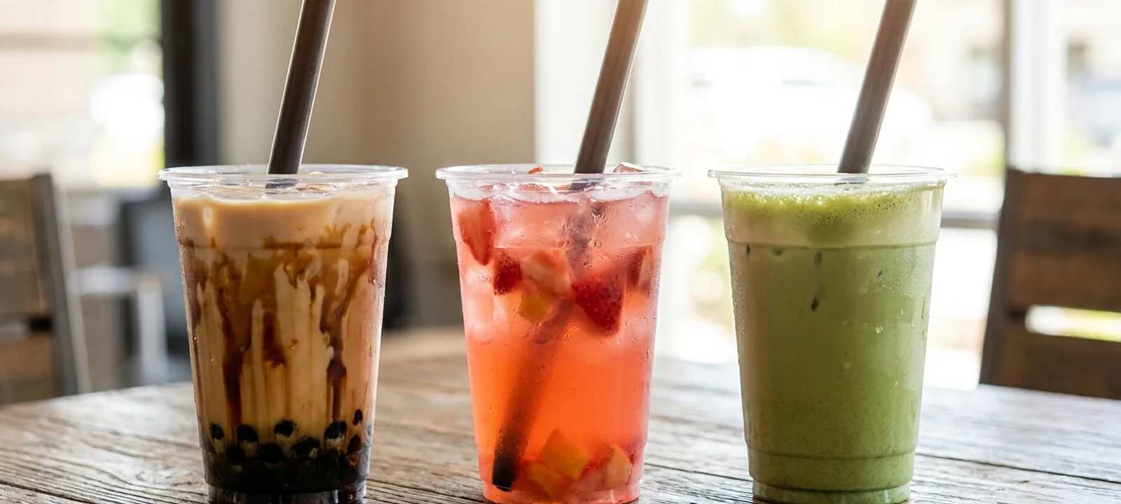 Bunte Bubble-Tea-Becher mit Tapioka-Perlen und breiten Strohhalmen