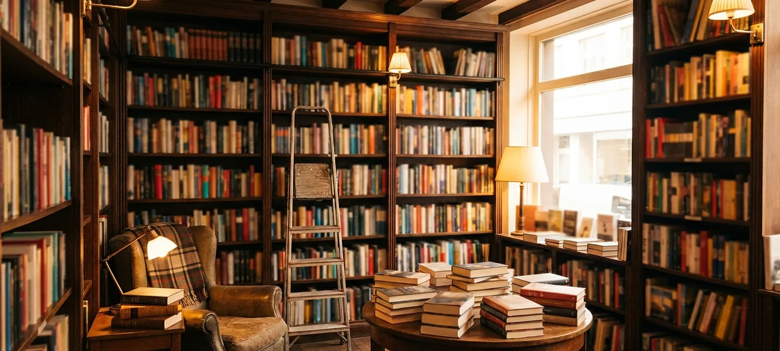 Gemütliche Buchhandlung mit deckenhohen Regalen voller Bücher und Leseecke