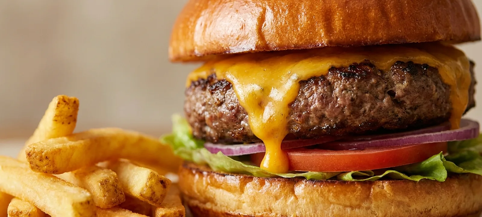 Saftiger Cheeseburger mit Rindfleisch-Patty, geschmolzenem Käse, Salat und knusprigem Bun, dazu Pommes