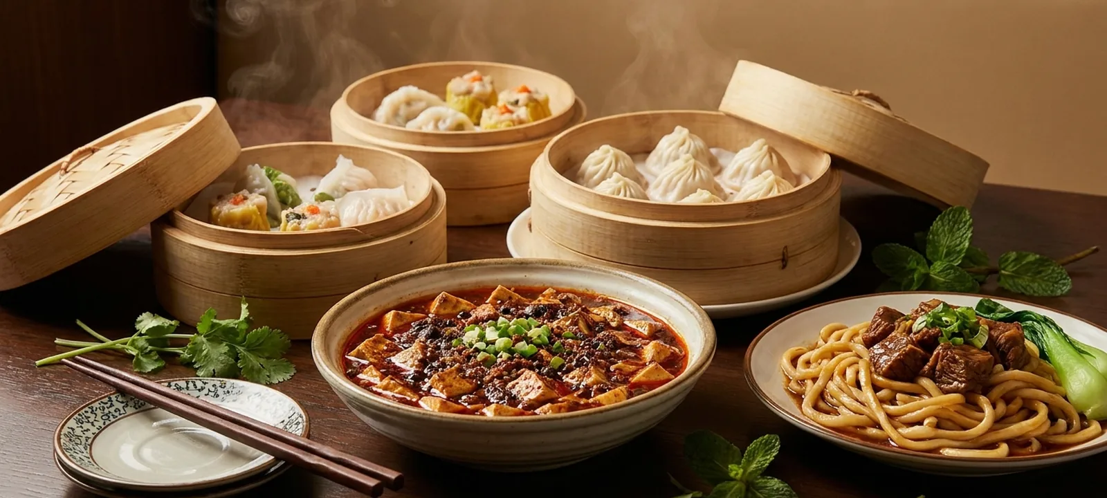 Chinesische Gerichte mit Dim Sum, Nudeln und Chili auf einem Tisch