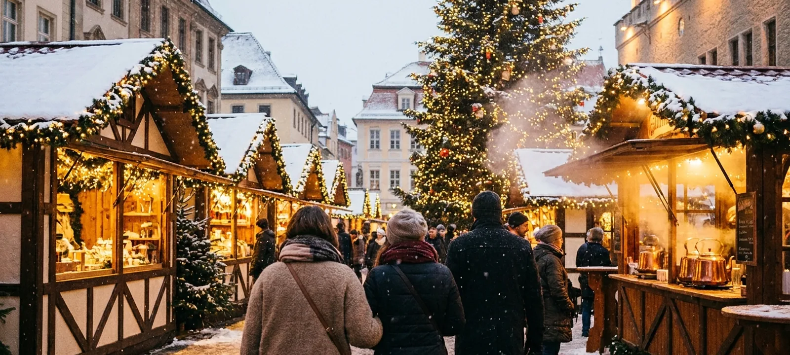Beleuchteter Christkindlmarkt bei Dämmerung mit geschmückten Ständen, Lichterketten und Glühwein