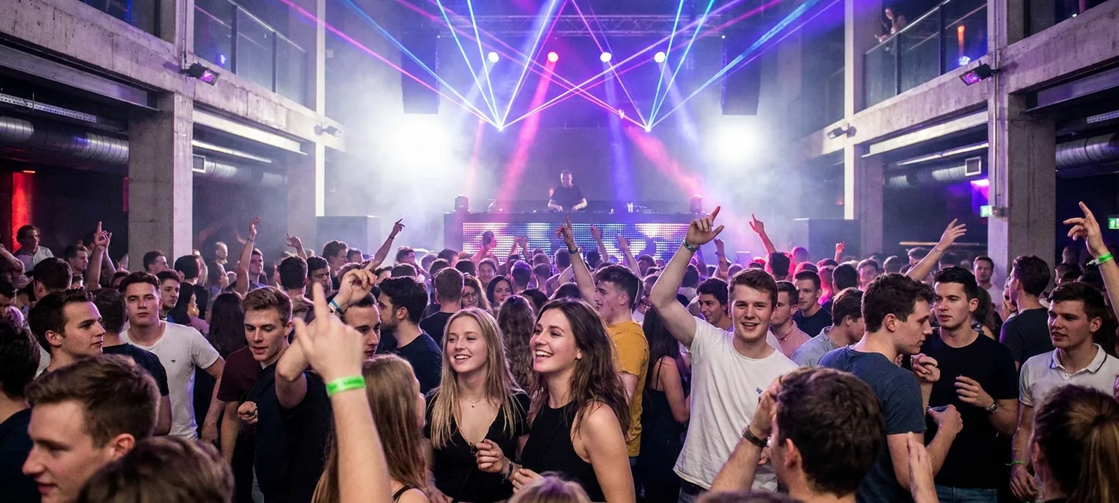 Tanzende Menge in einem Wiener Club mit Lichteffekten und DJ