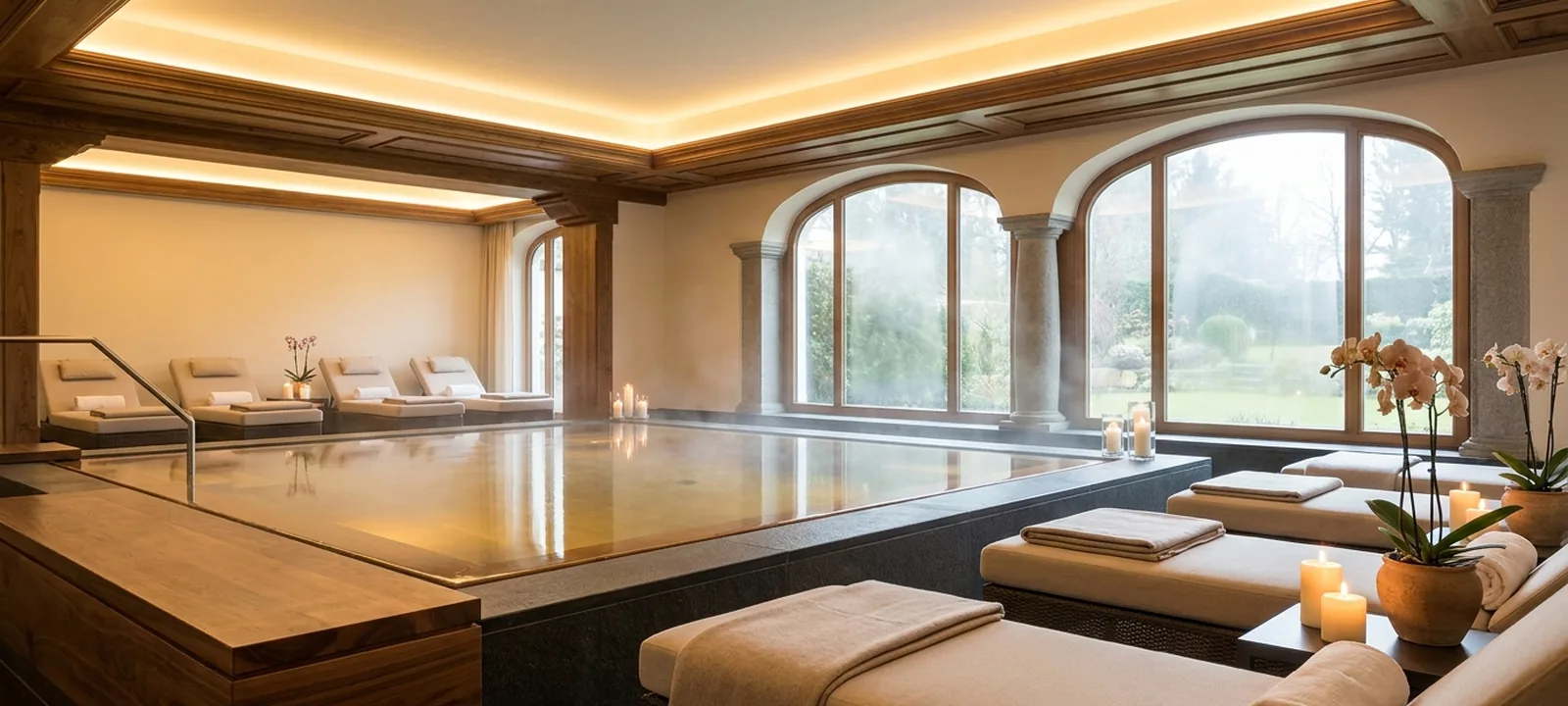 Ruhiger Spa-Bereich mit beleuchtetem Pool, warmem Licht und Liegen zum Entspannen