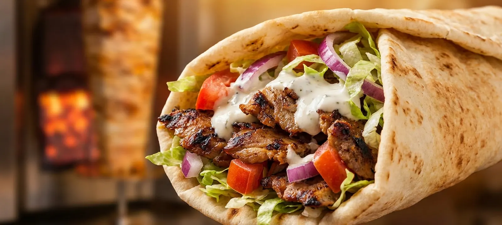 Frisch belegter Dürüm-Döner mit gegrilltem Fleisch, Salat, Zwiebeln und Sauce, daneben ein Drehspieß