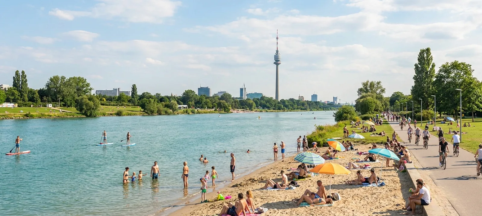 Menschen baden und sonnen an einem Sandstrand der Donauinsel an der Neuen Donau in Wien