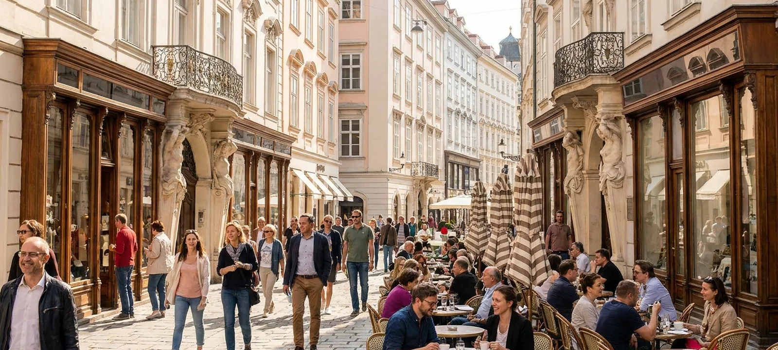 Belebte Wiener Einkaufsstraße mit Geschäften, Passanten und historischen Fassaden