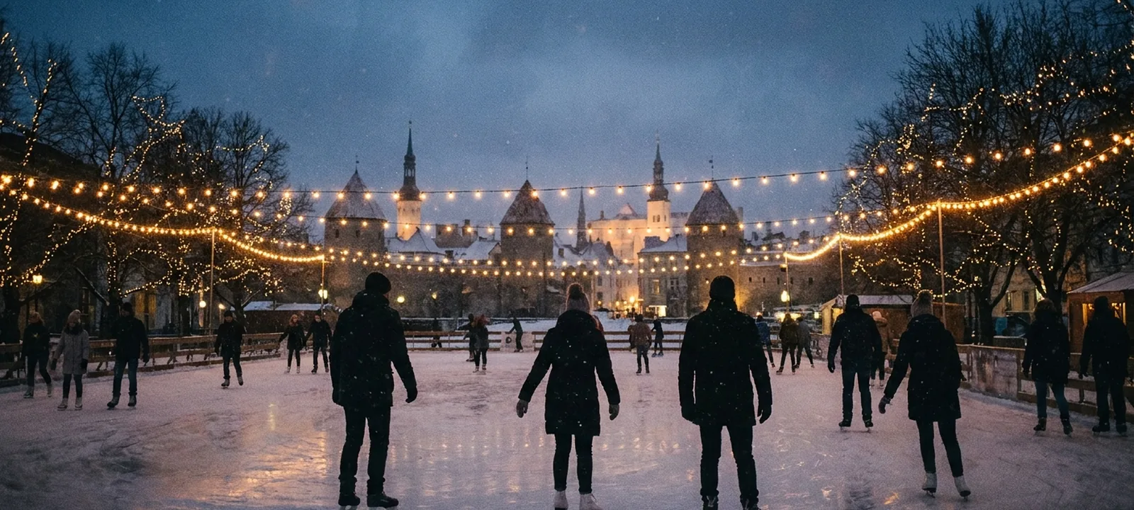 Beleuchteter Eislaufplatz bei Dämmerung mit Eisläufern und Lichterketten im Winter