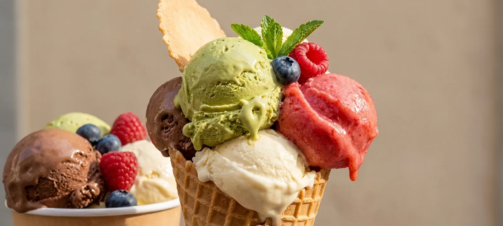 Waffelbecher mit mehreren bunten Eiskugeln, garniert mit frischen Beeren und einer Waffel