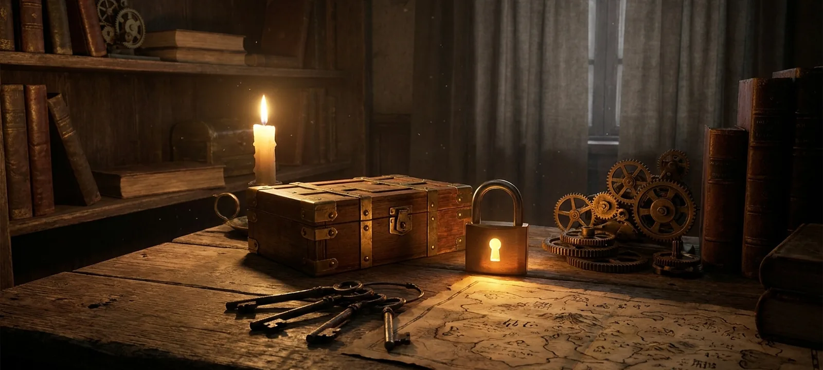 Geheimnisvoller, schummrig beleuchteter Escape-Room mit Schlössern, Schlüsseln und Rätseln