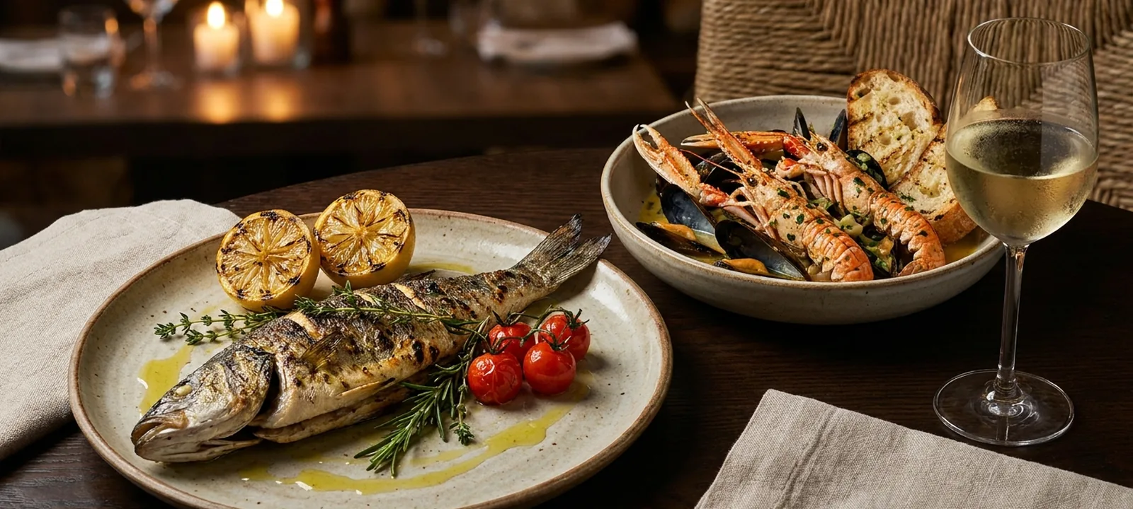 Gegrillter Fisch und Meeresfrüchte mit Zitrone und Kräutern auf einem Teller