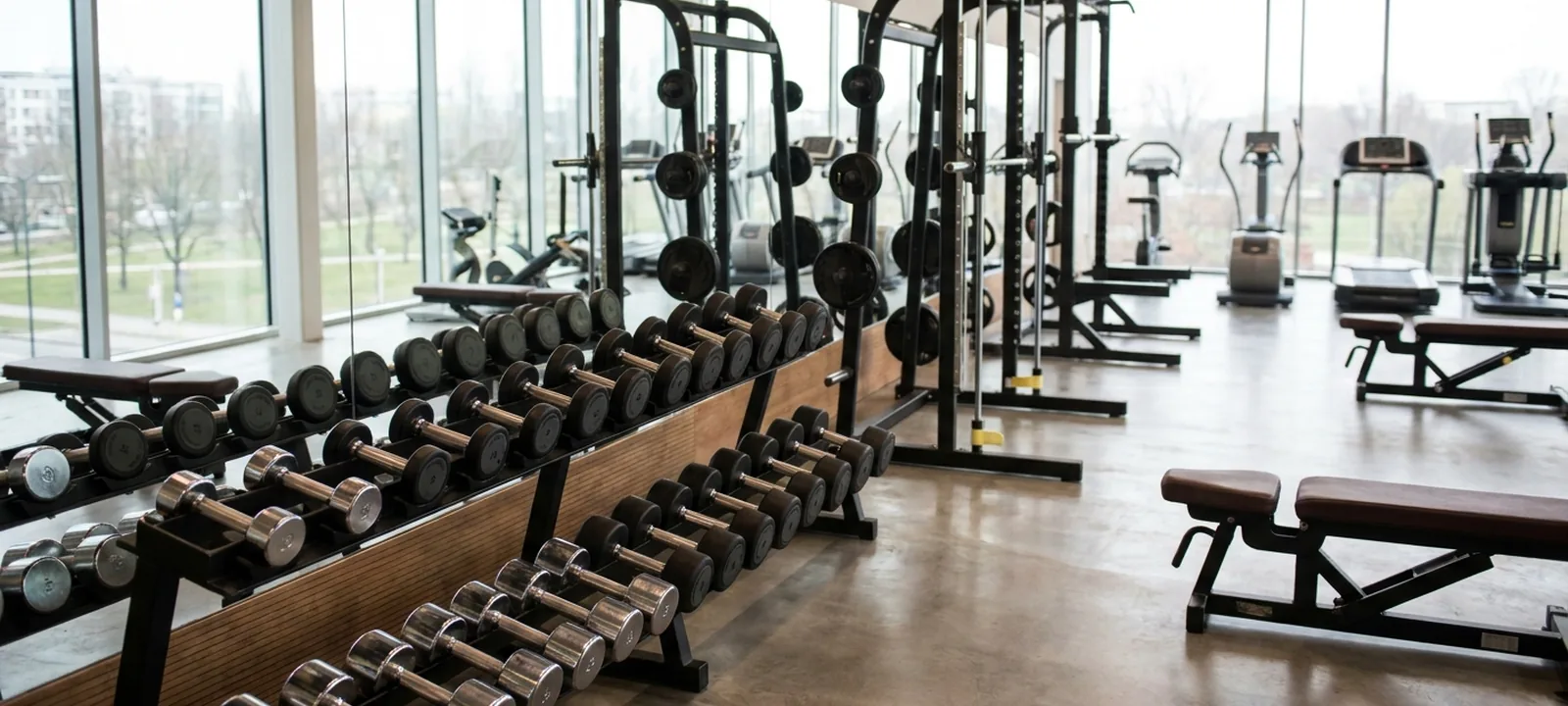 Modernes Fitnessstudio mit Hanteln, Kraftgeräten und Trainingsfläche