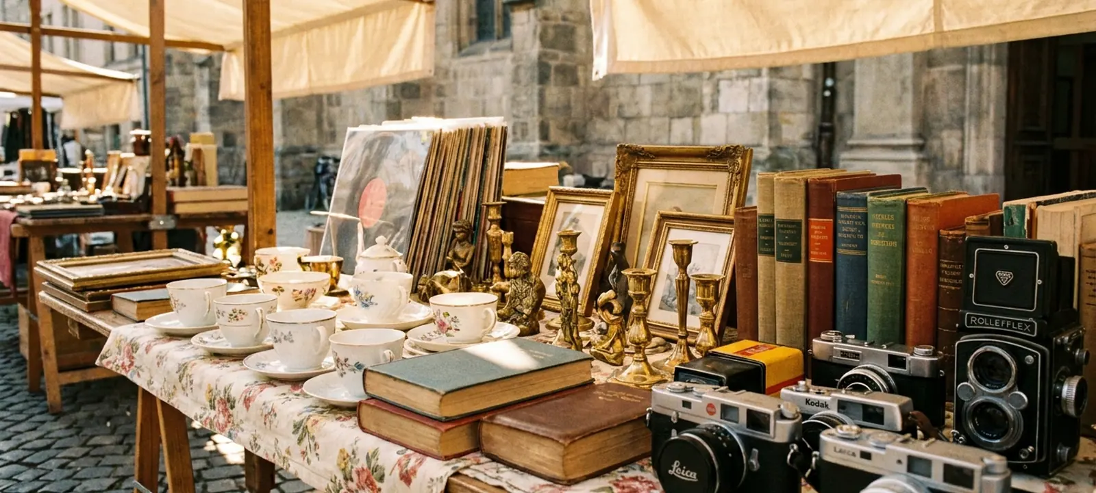 Flohmarktstand mit Vintage-Geschirr, alten Büchern, Schallplatten und Krimskrams
