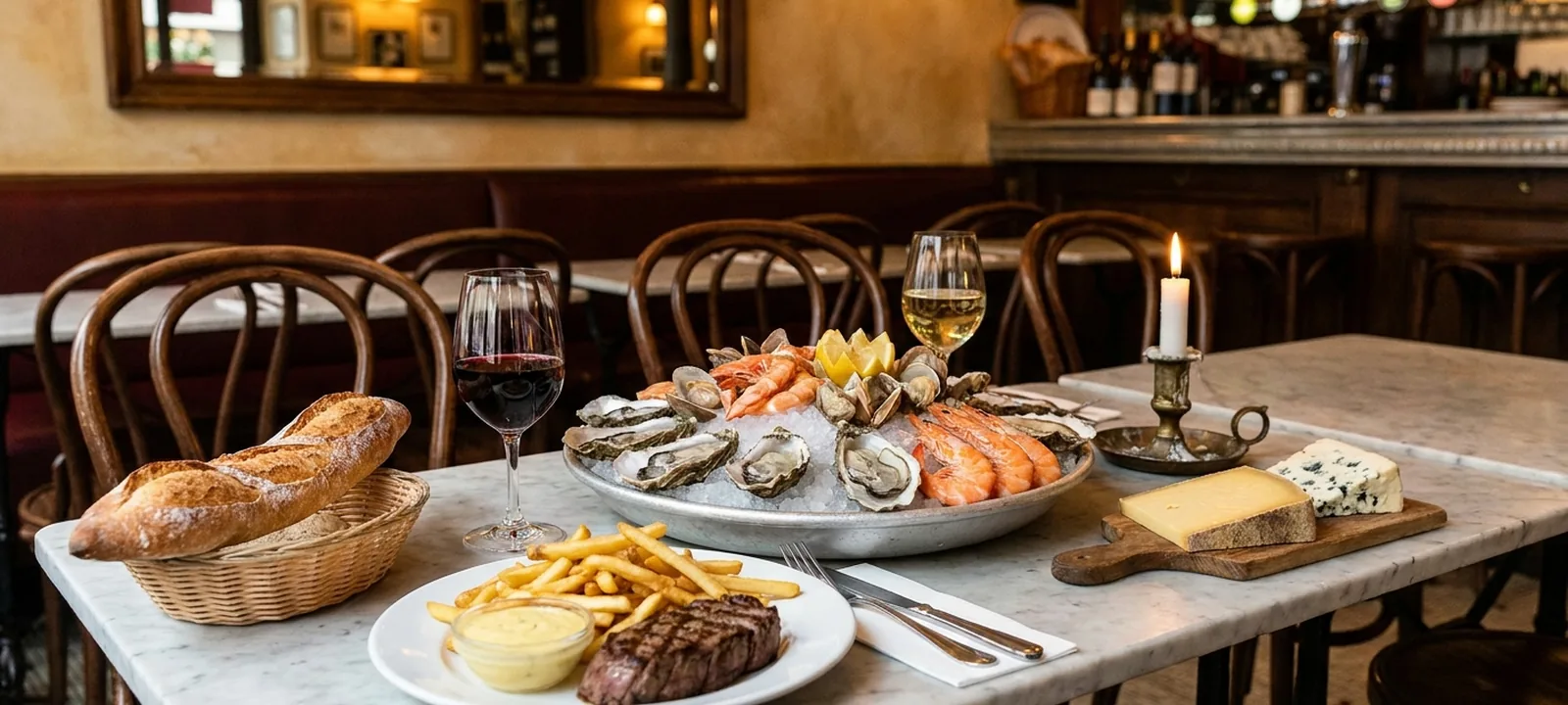 Französisches Bistro mit gedecktem Tisch, Baguette, Wein und Meeresfrüchten