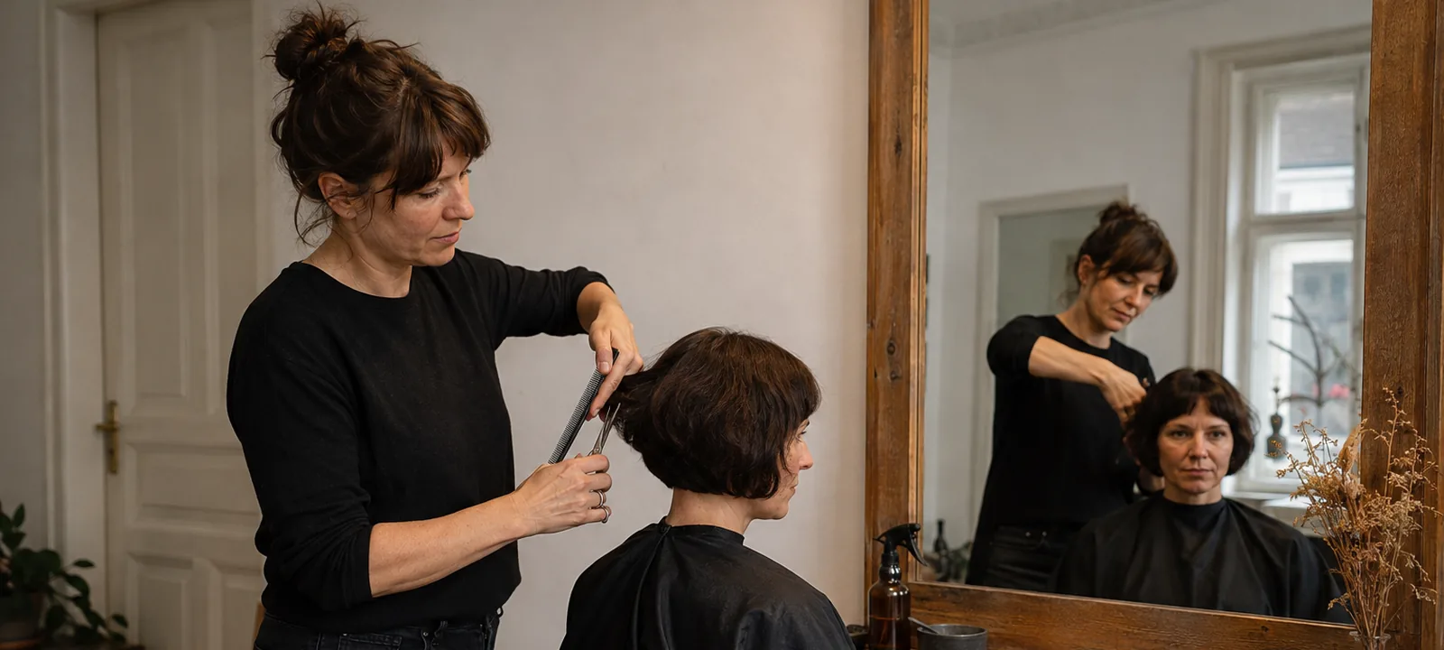 Friseurin schneidet einer sitzenden Kundin die Haare vor einem großen Spiegel im Altbausalon
