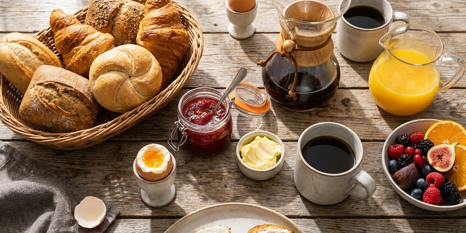 Reich gedeckter Frühstückstisch mit Gebäck, Ei, Kaffee und Obst