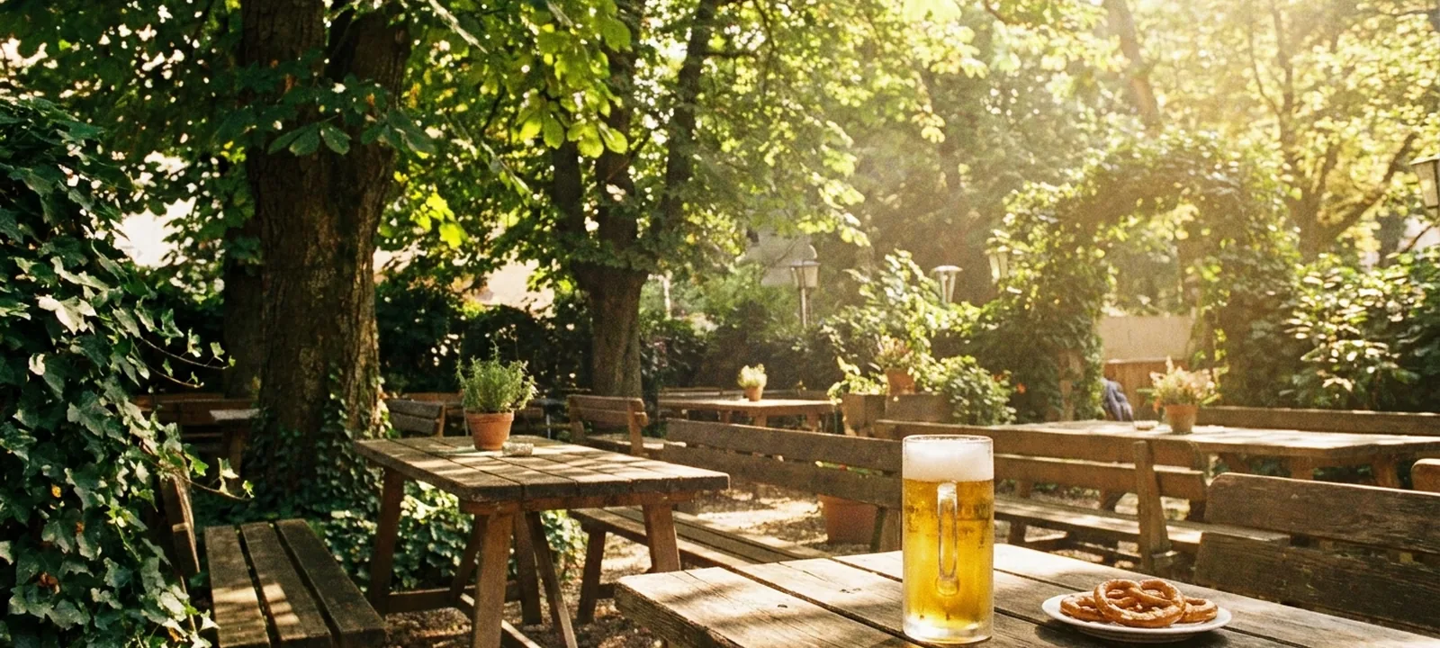 Sonniger Gastgarten unter grünen Bäumen mit Holztischen und einem frisch gezapften Bier