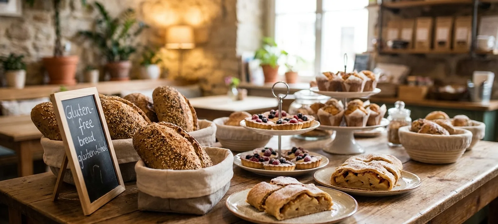 Glutenfreies Brot, Gebäck und Kuchen auf einem Tisch in einem Café