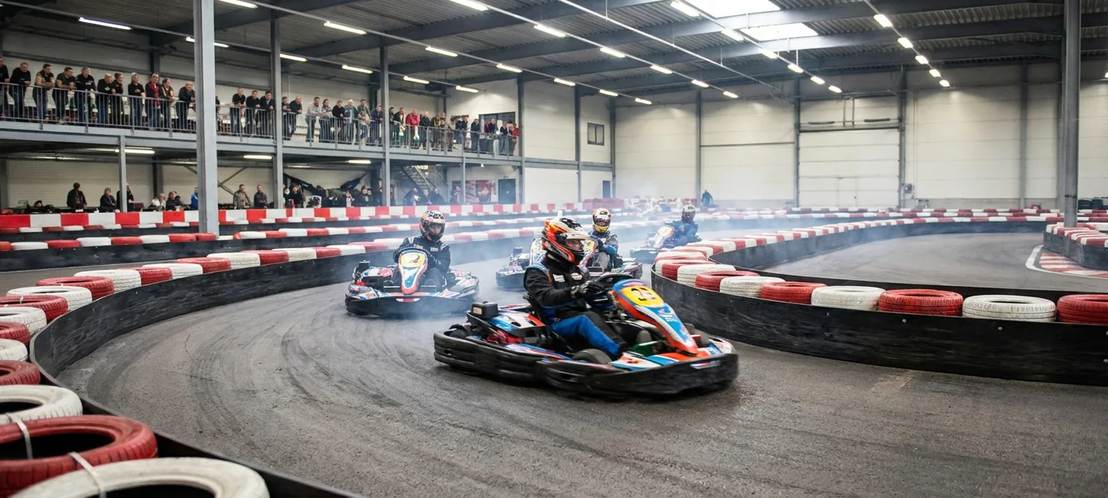 Go-Karts auf einer Indoor-Kartbahn in schneller Kurvenfahrt