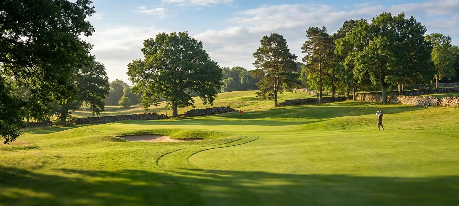 Gepflegter Golfplatz mit sattem Grün, Fairway und Fahne am Loch