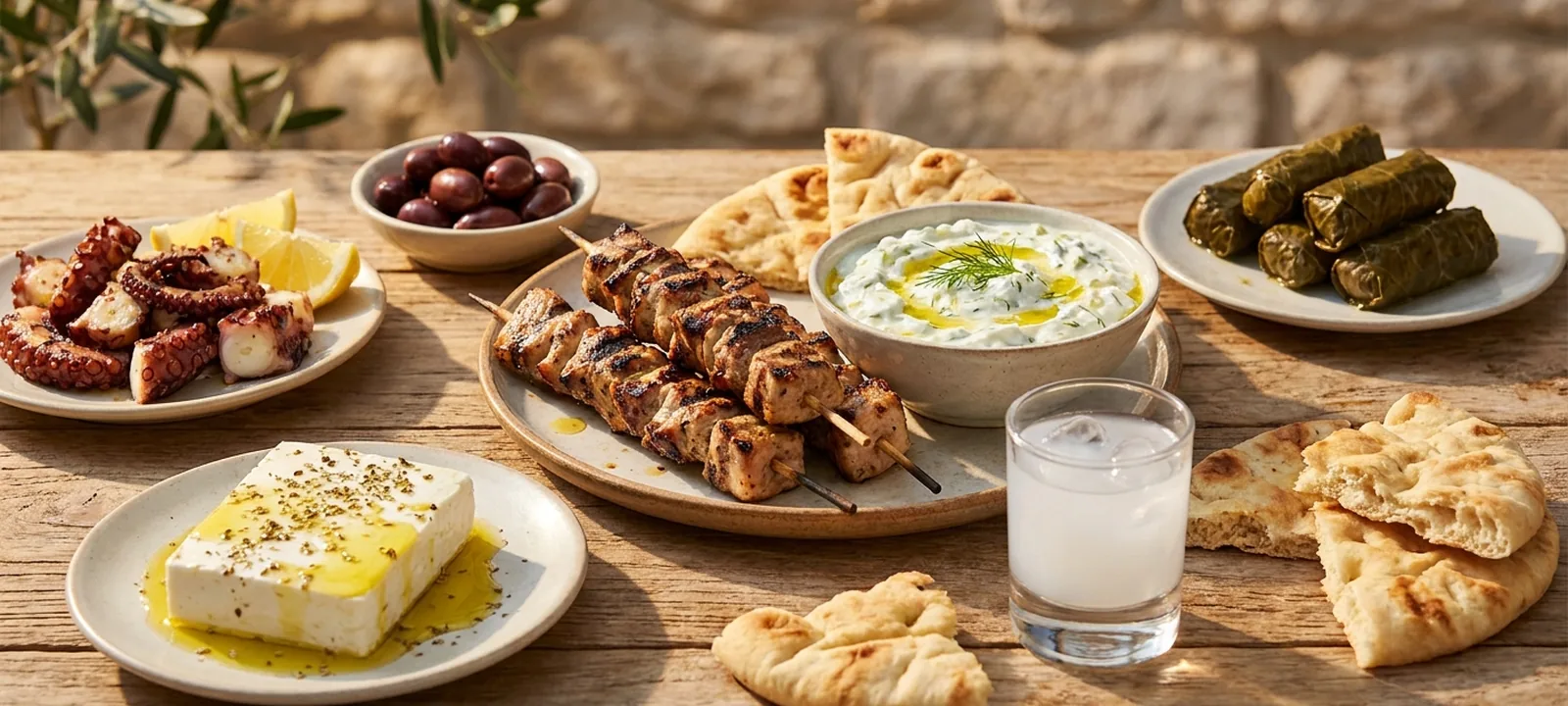 Griechische Meze mit Souvlaki, Tzatziki, Oliven und Feta auf einem Tisch