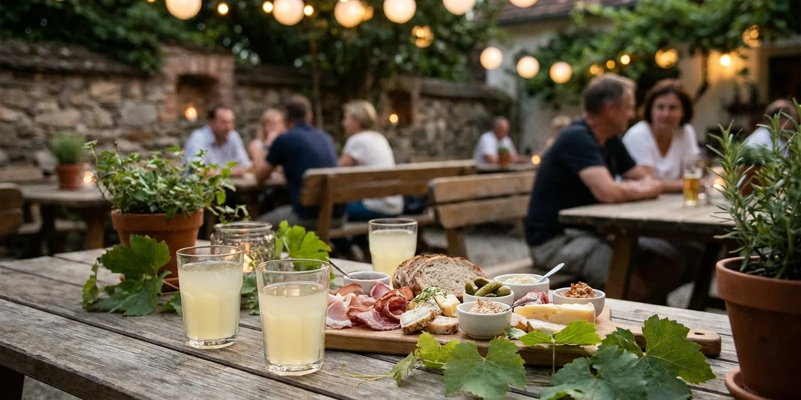 Rustikaler Tisch mit Weißwein-G’spritzten und einer Brettljause im Weingarten