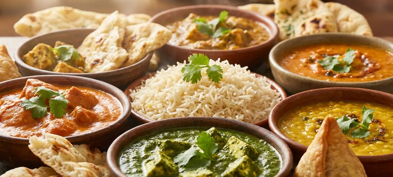 Mehrere indische Currys in Schälchen mit Reis, Naan, Samosas und frischem Koriander