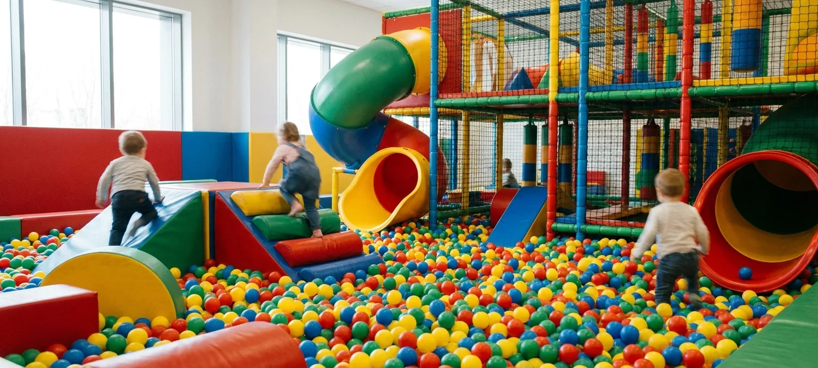 Bunter Indoor-Spielplatz mit Bällebad, Kletterturm und Röhrenrutschen