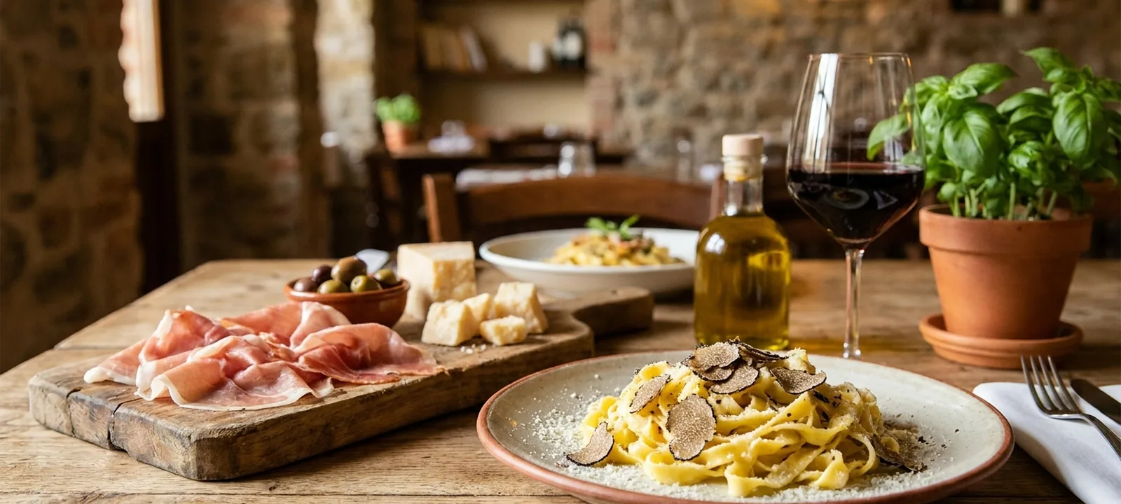 Italienische Pasta und Antipasti mit einem Glas Rotwein auf einem Tisch