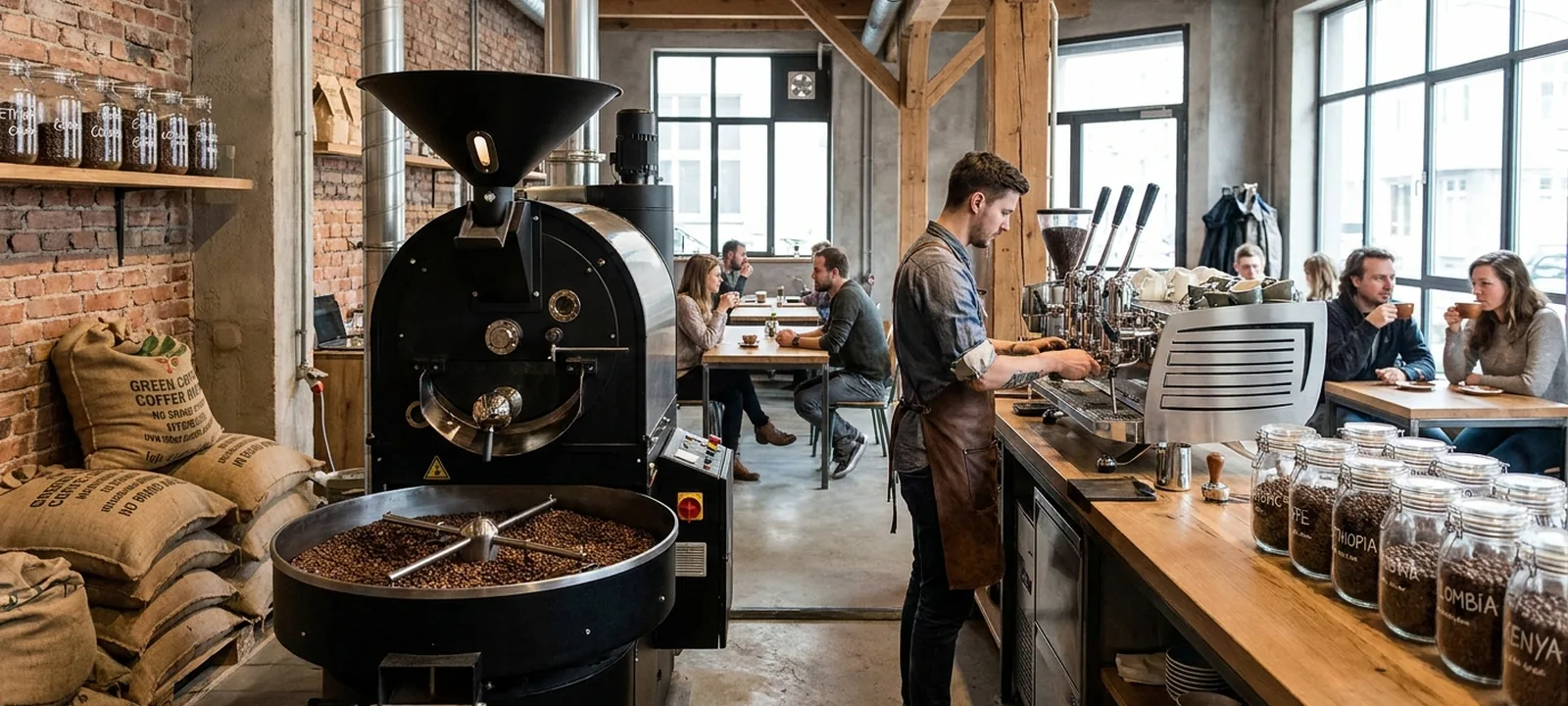 Kaffeerösterei mit Röstmaschine, frischen Bohnen und Barista an der Espressomaschine