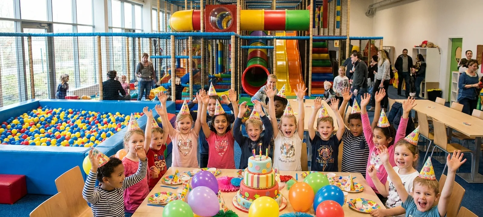 Fröhliche Kinder feiern einen Geburtstag mit bunten Luftballons und Torte
