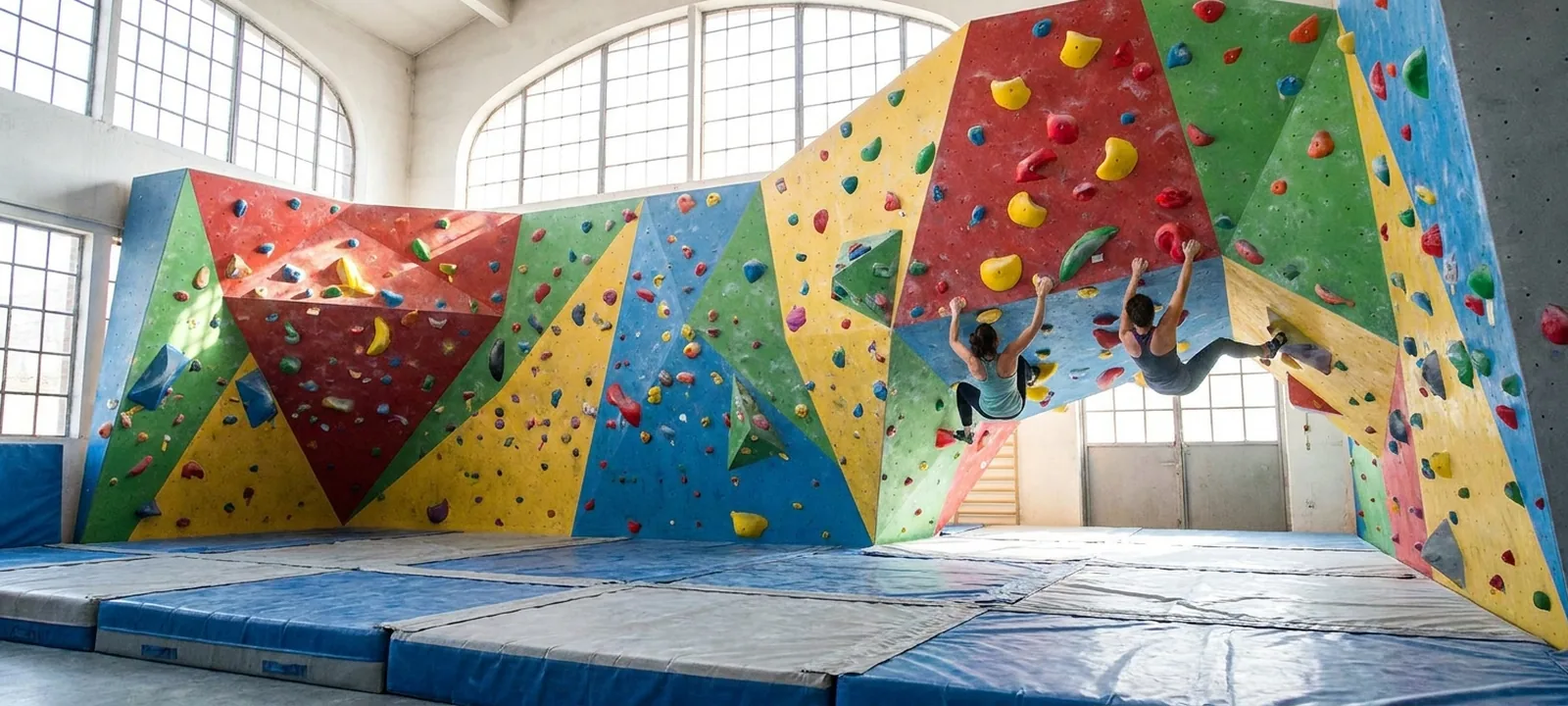 Bunte Boulderwand in einer modernen Kletterhalle mit Kletterern und Matten
