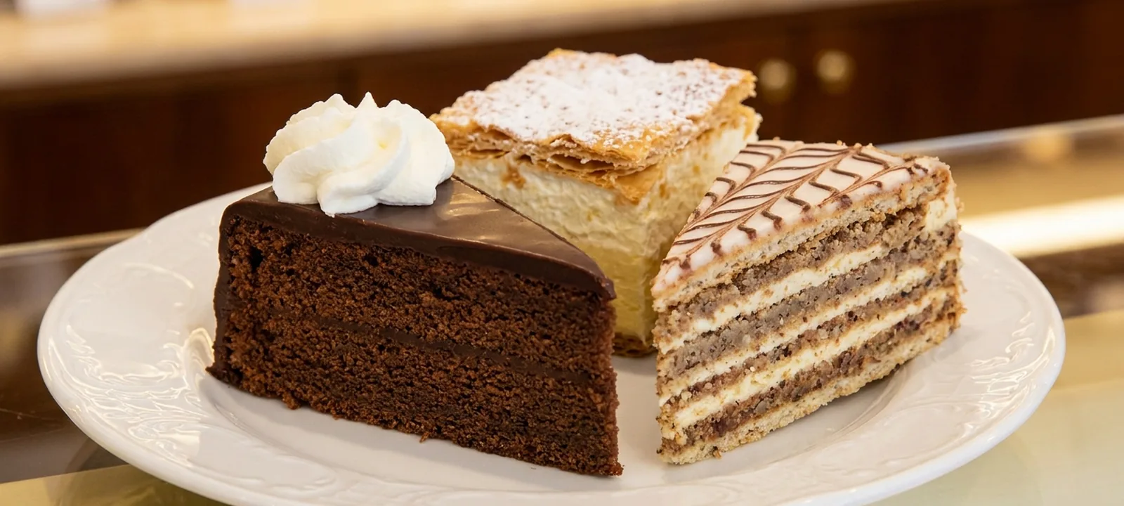 Auswahl klassischer Wiener Mehlspeisen: Schokoladentorte mit Schlagobers, Cremeschnitte und Esterházyschnitte