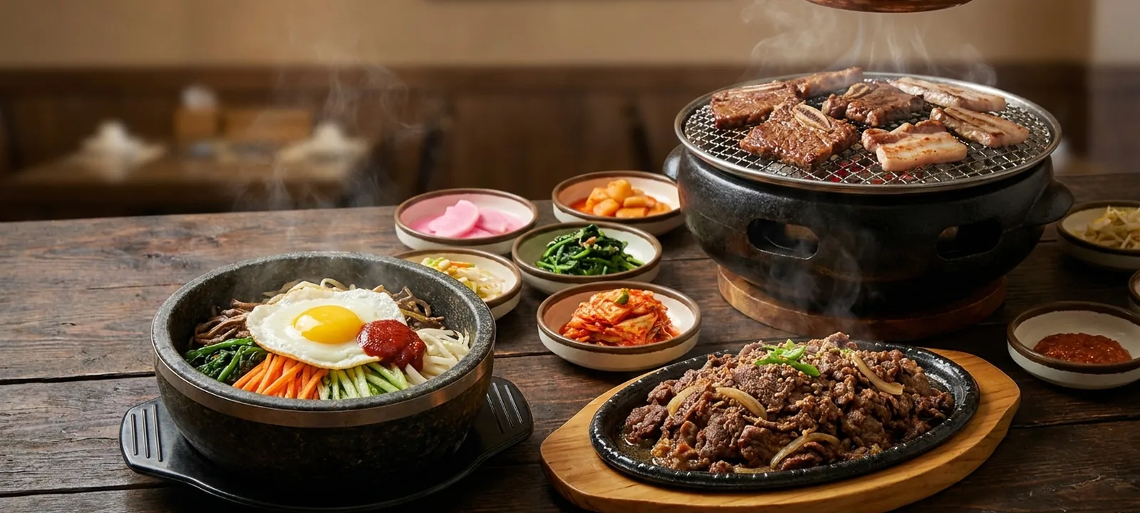 Koreanisches BBQ und Bibimbap mit Kimchi und Beilagen auf einem Tisch