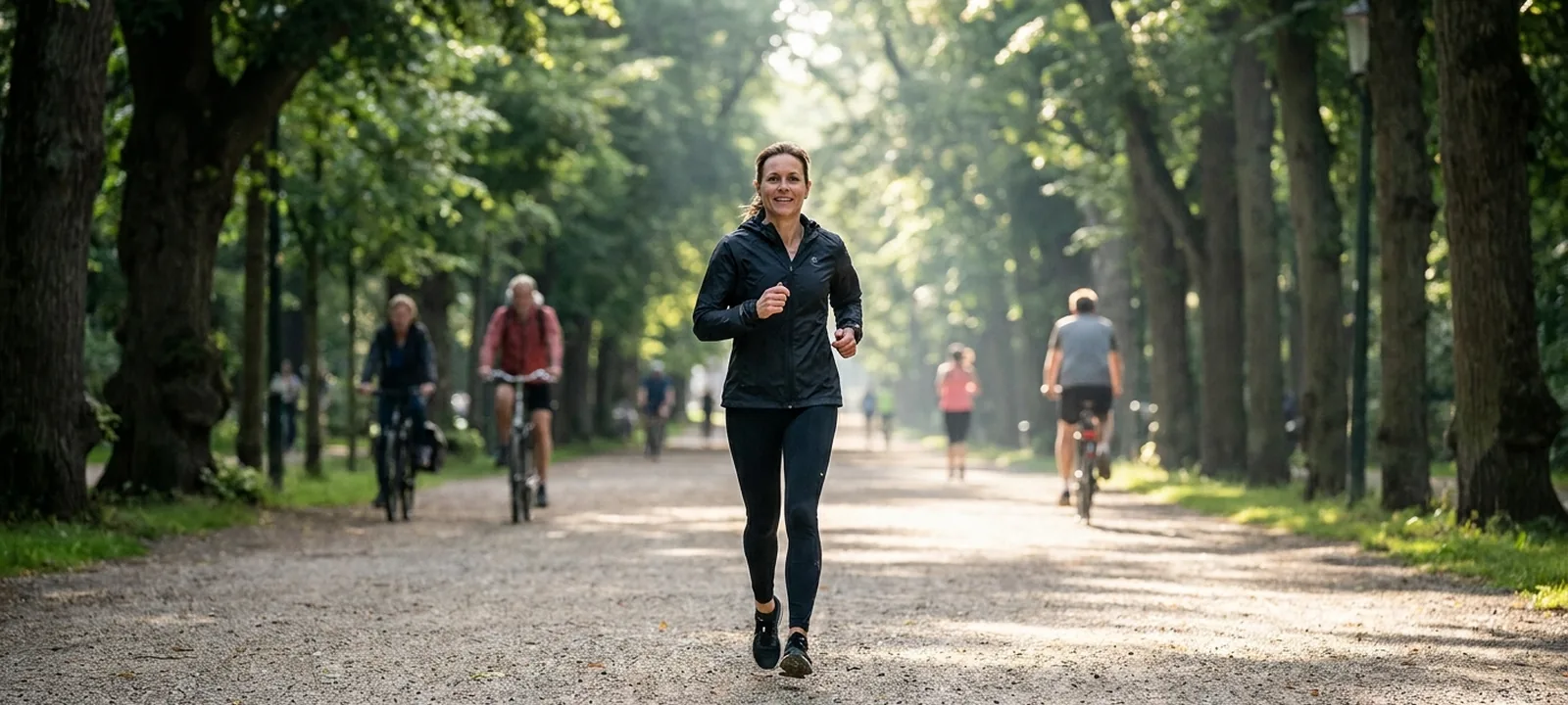 Läuferin joggt auf einem baumgesäumten Weg in einem Wiener Park