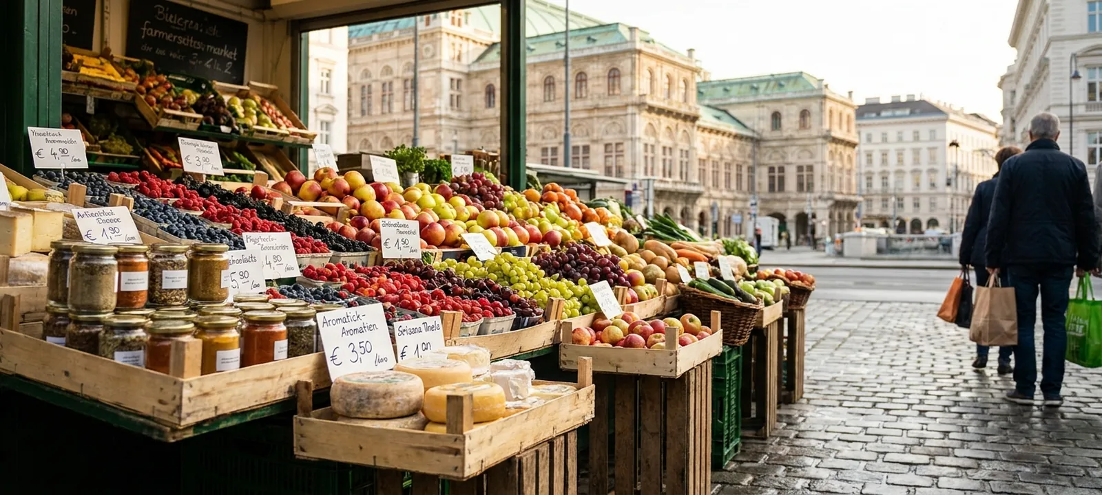 Bunter Marktstand mit frischem Obst, Gemüse und Gewürzen auf einem Wiener Markt