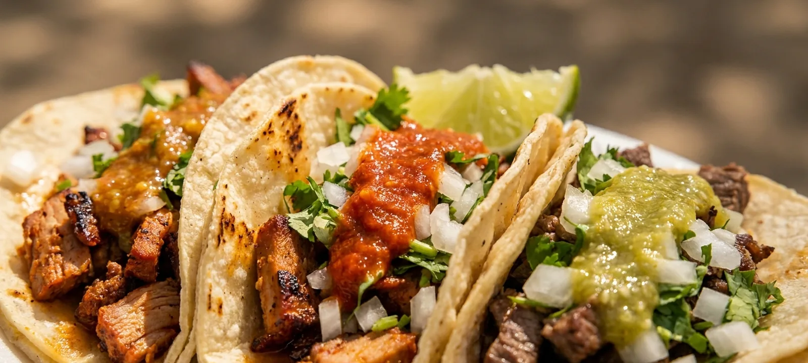 Drei bunte Tacos auf Maistortillas mit Fleisch, Koriander, Zwiebeln und Limette, dazu Salsa