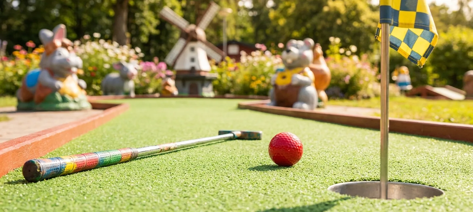 Bunter Minigolfball rollt auf einer Minigolfbahn Richtung Loch, daneben ein Schläger