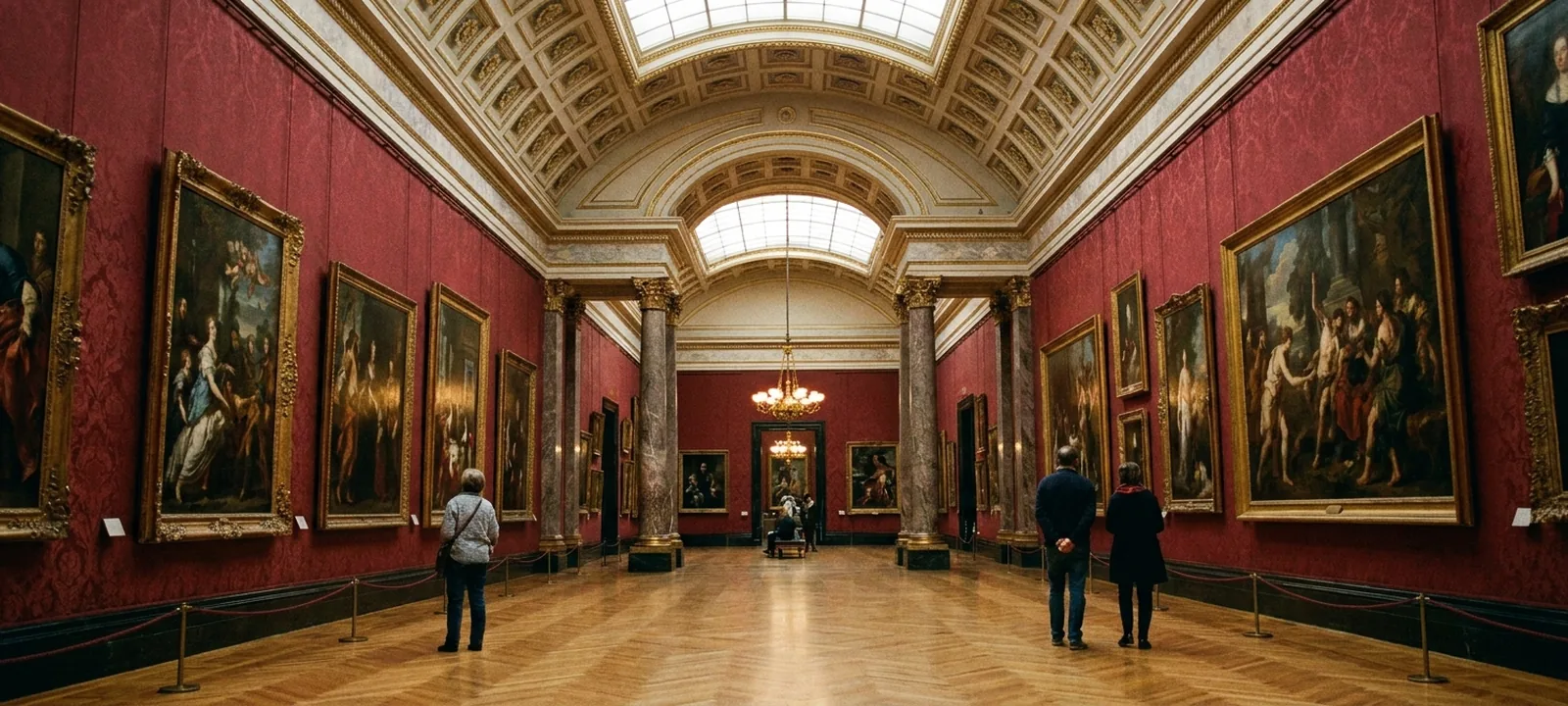 Prunkvoller Museumssaal mit Gemälden an den Wänden und Besuchern