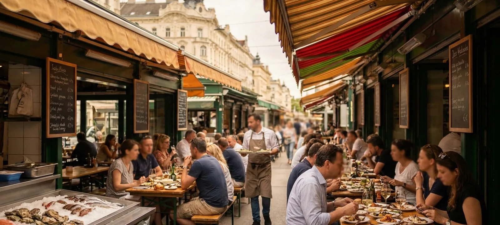 Marktgasse am Wiener Naschmarkt mit Ständen und Marktlokalen
