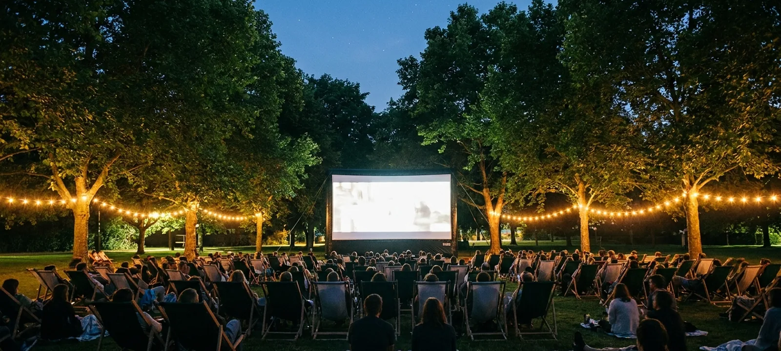 Open-Air-Kino bei Dämmerung mit großer Leinwand, Liegestühlen und Publikum im Park