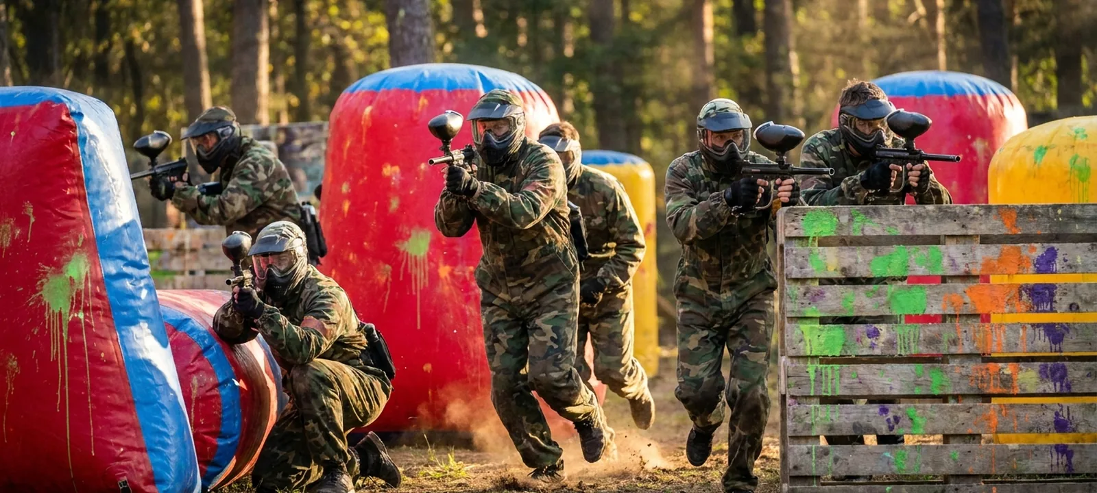Paintball-Spieler in Schutzausrüstung mit Markierer hinter einer Deckung auf einem Spielfeld
