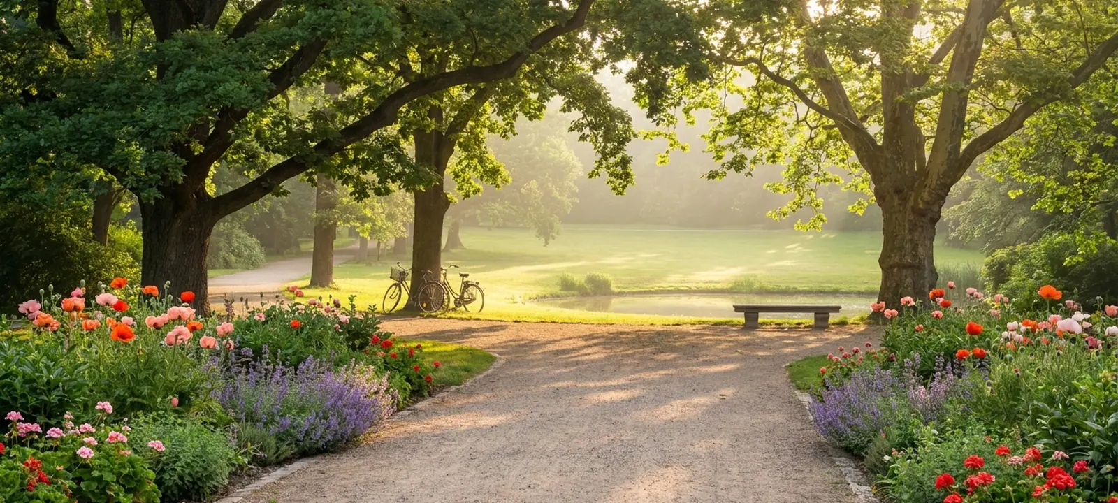 Weitläufiger Park mit alten Bäumen, Blumenbeeten und Wiese im warmen Sonnenlicht