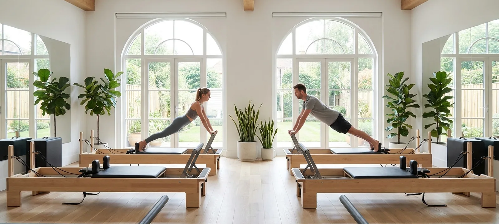 Helles Pilates-Studio mit Reformer-Geräten und Trainingsmatten