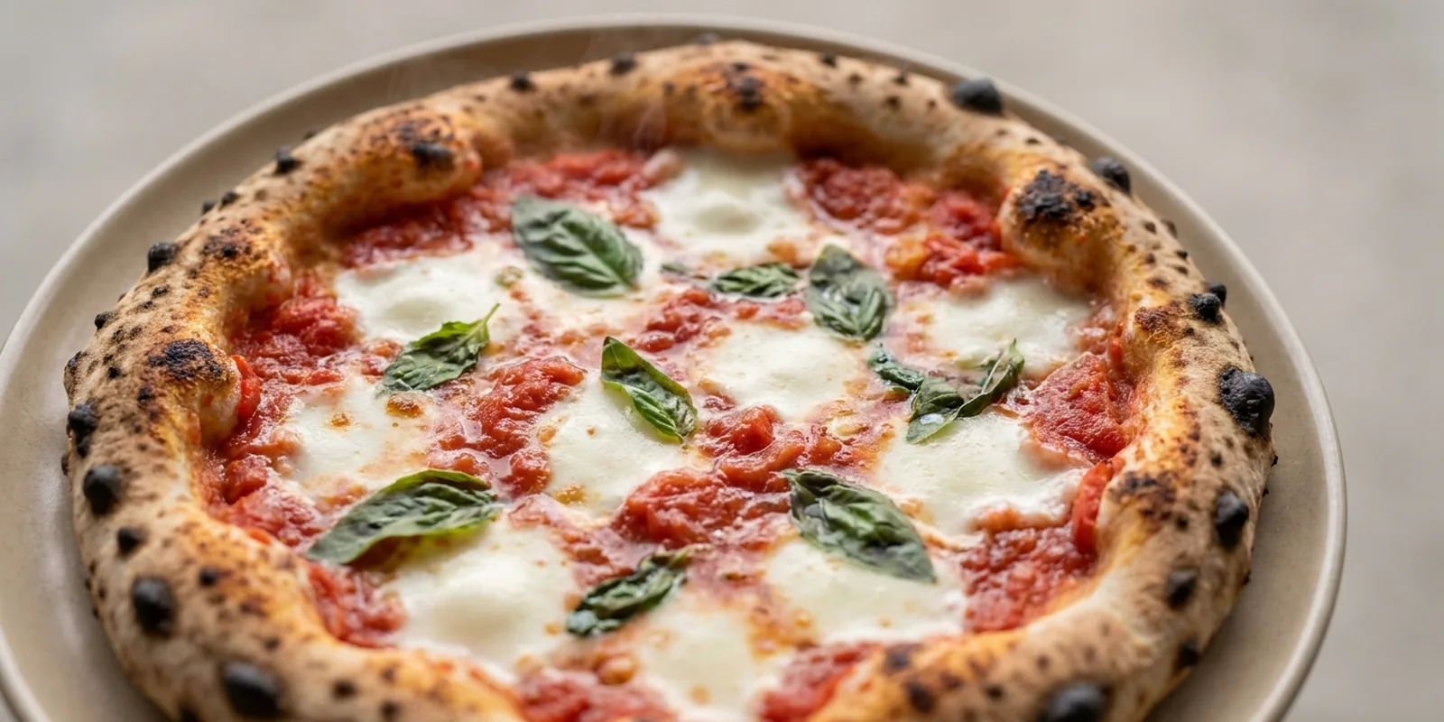 Frisch gebackene neapolitanische Margherita-Pizza mit luftigem Rand