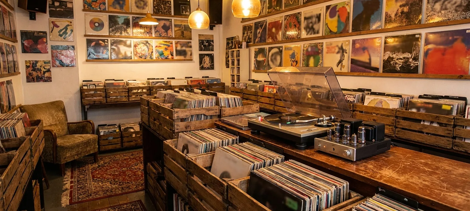 Plattenladen mit Kisten voller Schallplatten und Plattencovern an der Wand
