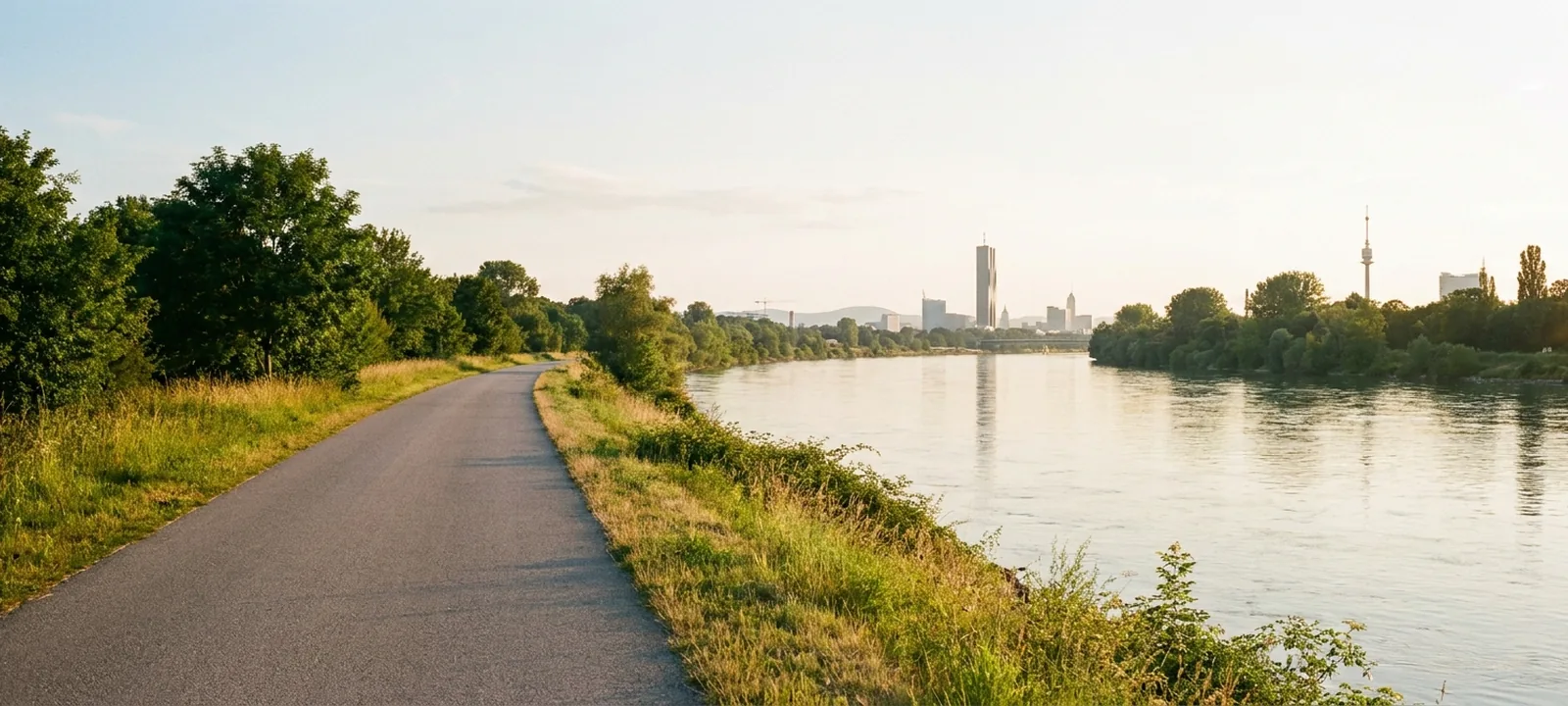 Radfahrerin auf einem sonnigen, autofreien Radweg entlang der Donau in Wien